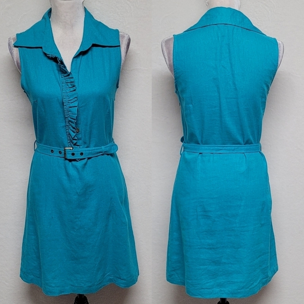 Retro Y2K Turquoise Linen Sleeveless Ruffled V-neck Belted Dagger Collar Dress M